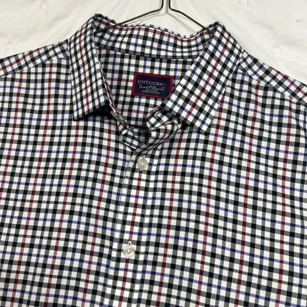 UNTUCKit Terravant WF Mens Large Relaxed Fit Wrinkle Free Check Shirt Navy Red